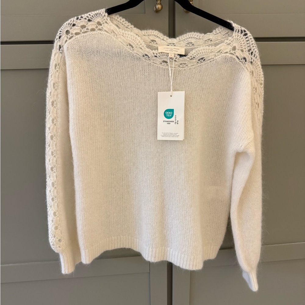 Sezane Cream Lace-Trim Sweater